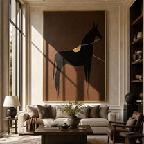 Black Horse Wears Gold - minimal black horse painting by Elliot Vale, modern figurative vertical wall art - styled room scene view 1