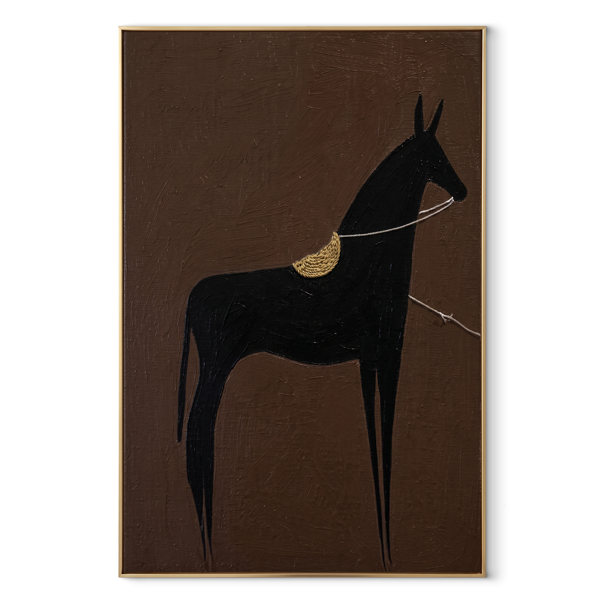 Black Horse Wears Gold - minimal black horse painting by Elliot Vale, modern figurative vertical wall art - wood frame on white background