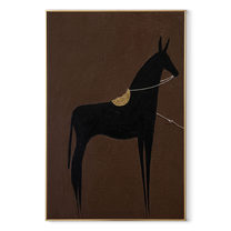 Black Horse Wears Gold - minimal black horse painting by Elliot Vale, modern figurative vertical wall art - wood frame on white background
