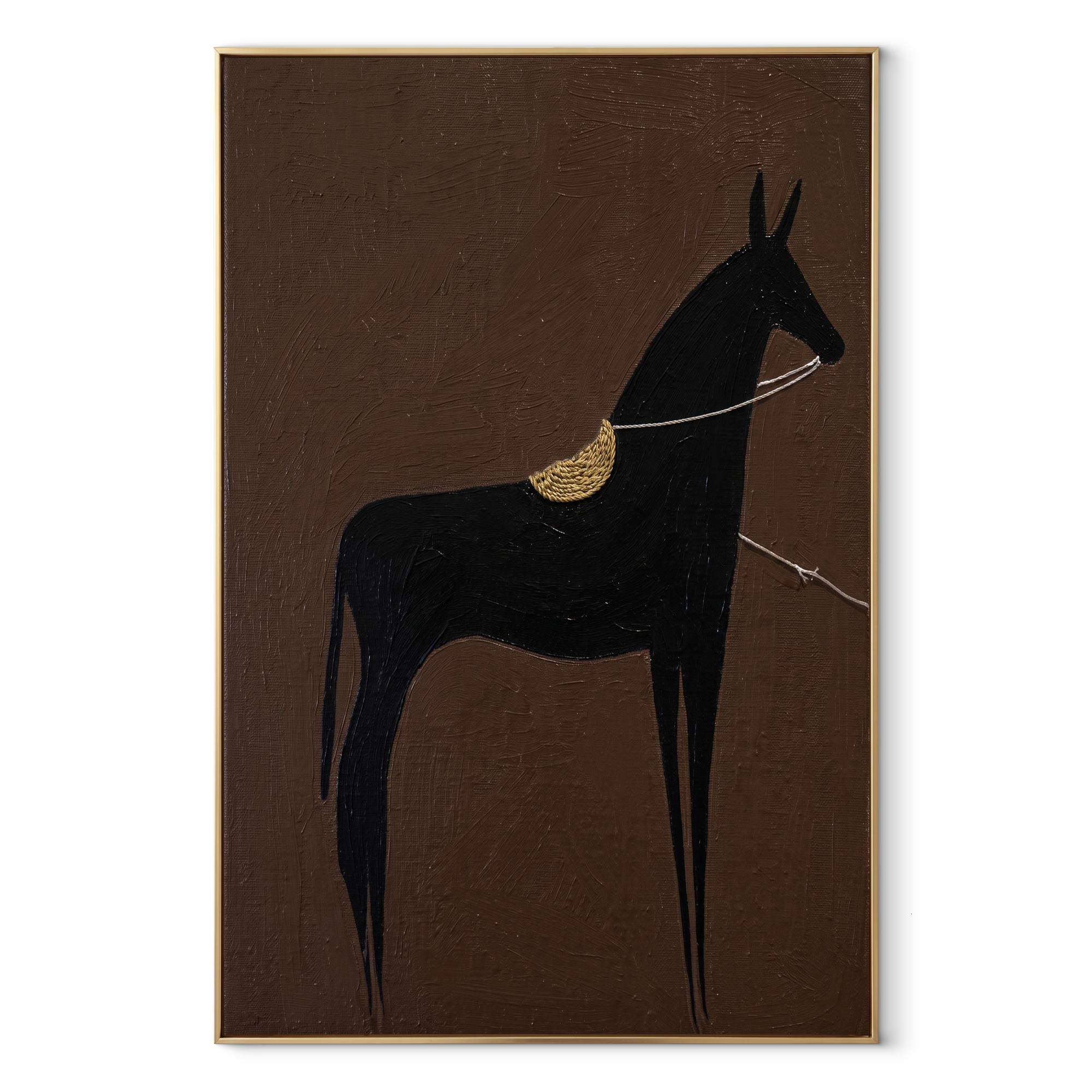 Black Horse Wears Gold - minimal black horse painting by Elliot Vale, modern figurative vertical wall art - wood frame on white background