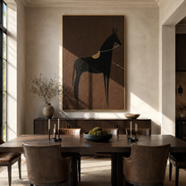 Black Horse Wears Gold - minimal black horse painting by Elliot Vale, modern figurative vertical wall art - styled room scene view 2
