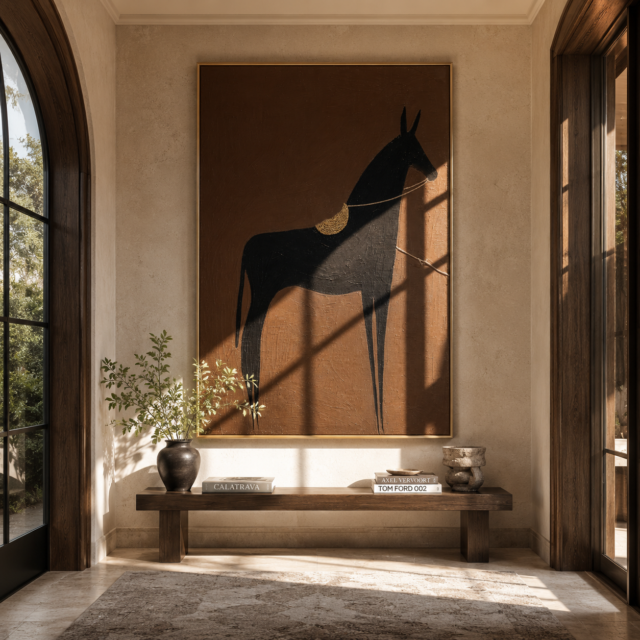 Black Horse Wears Gold - minimal black horse painting by Elliot Vale, modern figurative vertical wall art - styled room scene view 3