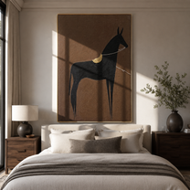 Black Horse Wears Gold - minimal black horse painting by Elliot Vale, modern figurative vertical wall art - styled room scene view 4