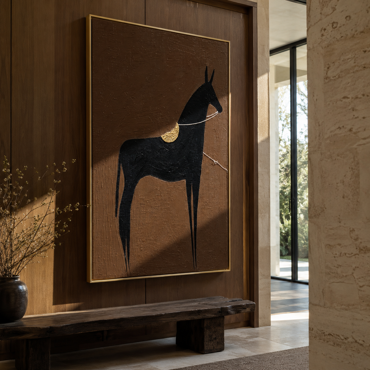 Black Horse Wears Gold - minimal black horse painting by Elliot Vale, modern figurative vertical wall art - styled room scene view 5