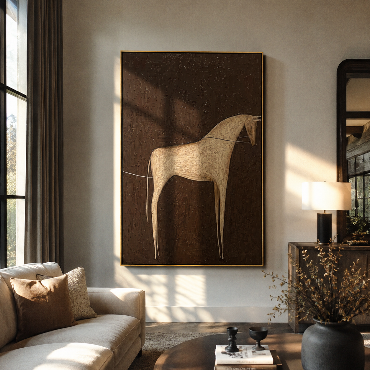 Gray Horse Crosses Umber - minimal gray horse painting by Elliot Vale, modern figurative vertical wall art - styled room scene view 1