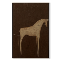 Gray Horse Crosses Umber - minimal gray horse painting by Elliot Vale, modern figurative vertical wall art - wood frame on white background