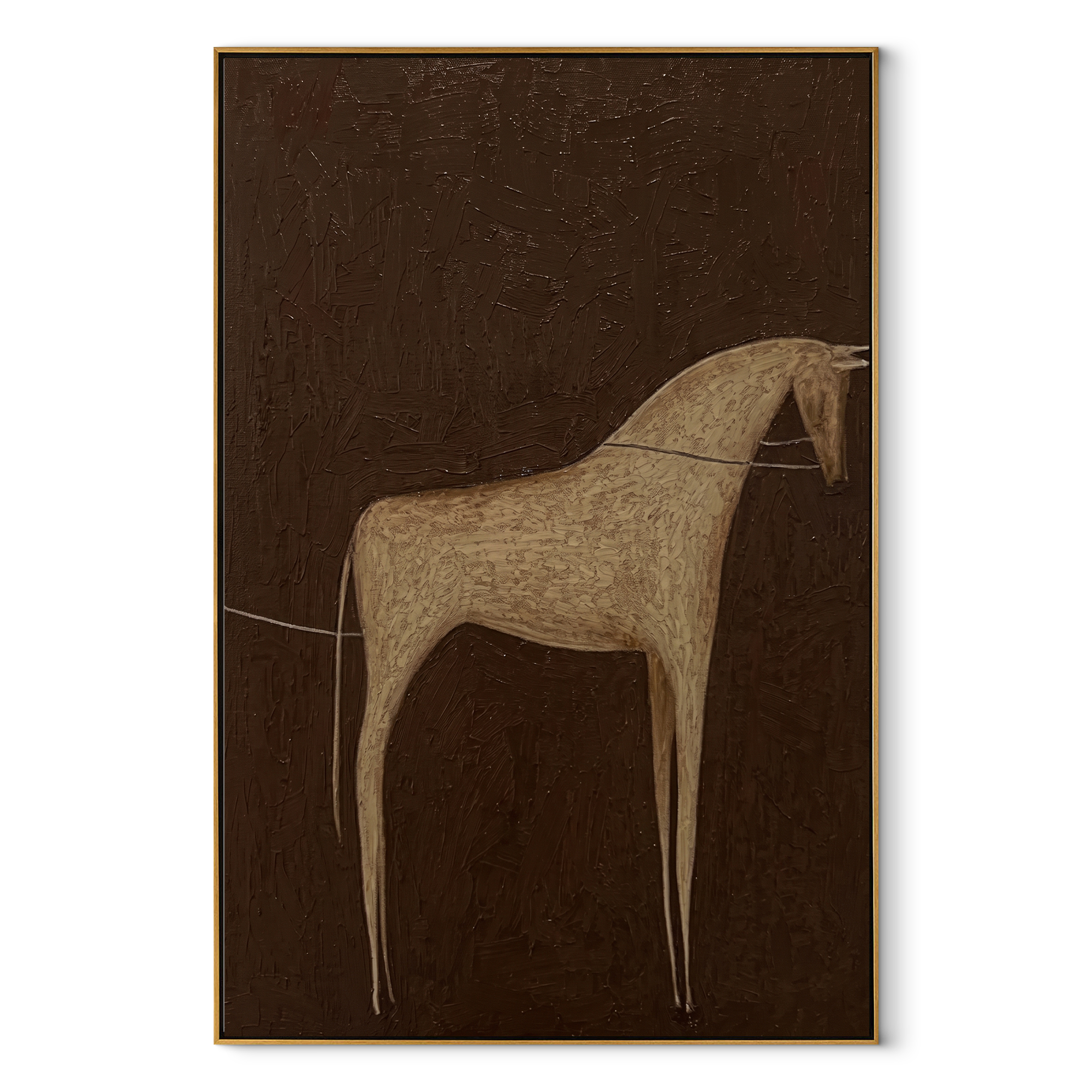Gray Horse Crosses Umber - minimal gray horse painting by Elliot Vale, modern figurative vertical wall art - wood frame on white background