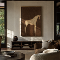 Gray Horse Crosses Umber - minimal gray horse painting by Elliot Vale, modern figurative vertical wall art - styled room scene view 2
