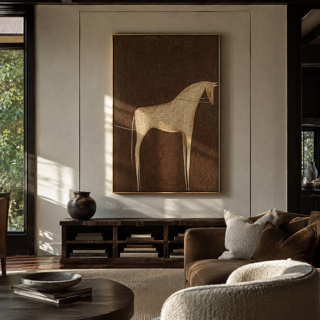 Gray Horse Crosses Umber - minimal gray horse painting by Elliot Vale, modern figurative vertical wall art - styled room scene view 2