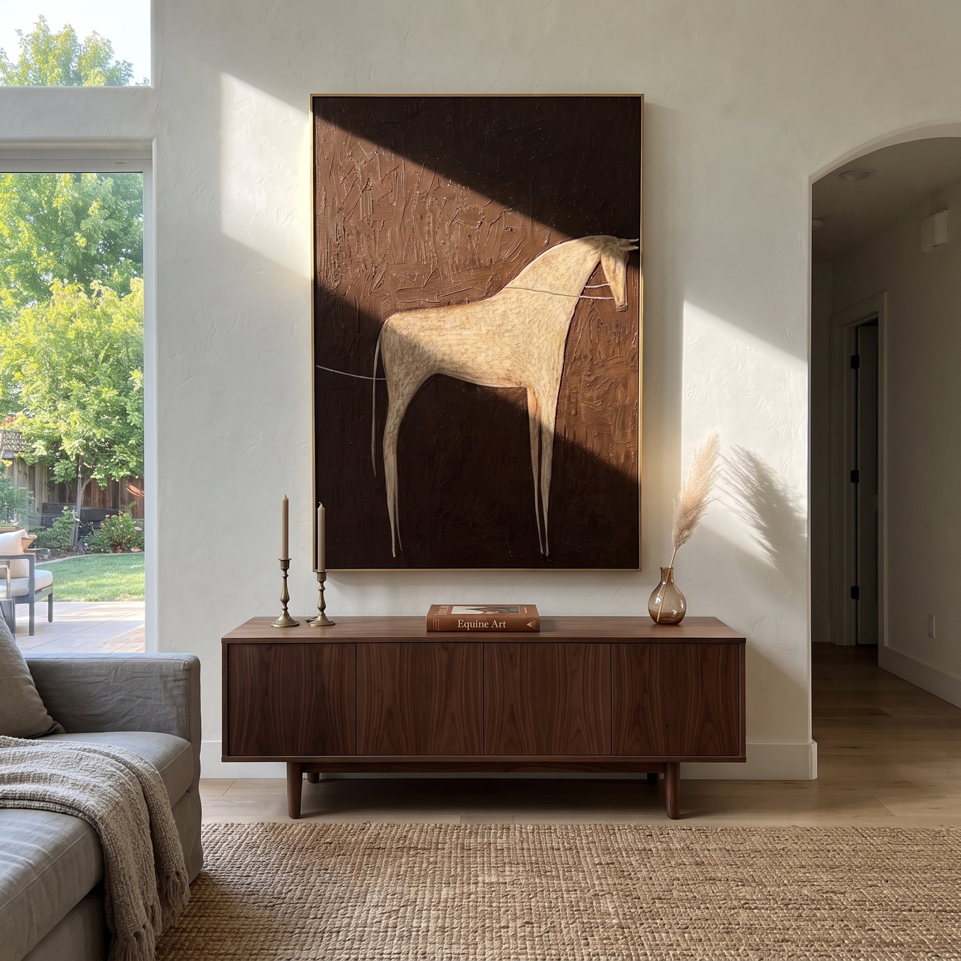 Gray Horse Crosses Umber - minimal gray horse painting by Elliot Vale, modern figurative vertical wall art - styled room scene view 3