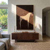 Gray Horse Crosses Umber - minimal gray horse painting by Elliot Vale, modern figurative vertical wall art - styled room scene view 3