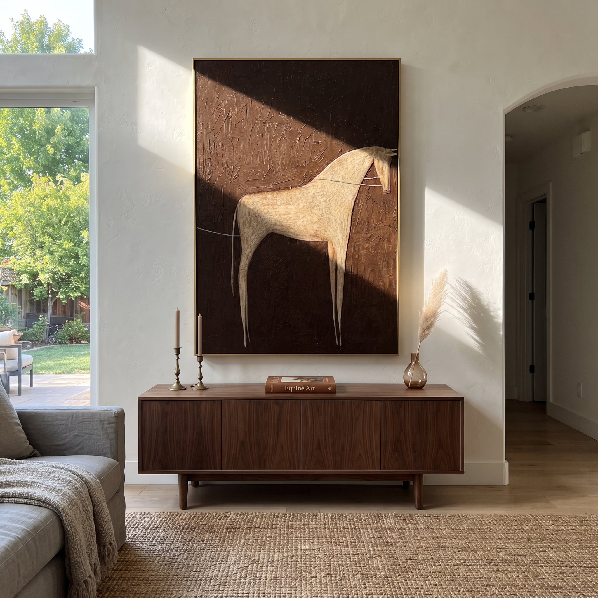 Gray Horse Crosses Umber - minimal gray horse painting by Elliot Vale, modern figurative vertical wall art - styled room scene view 3