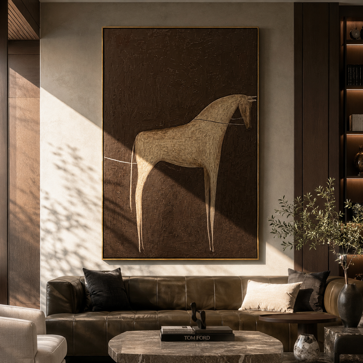 Gray Horse Crosses Umber - minimal gray horse painting by Elliot Vale, modern figurative vertical wall art - styled room scene view 4