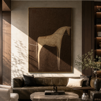Gray Horse Crosses Umber - minimal gray horse painting by Elliot Vale, modern figurative vertical wall art - styled room scene view 4