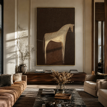 Gray Horse Crosses Umber - minimal gray horse painting by Elliot Vale, modern figurative vertical wall art - styled room scene view 5