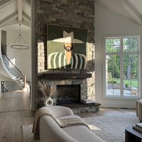 White Hat Frames Beard - bearded striped man painting by Elliot Vale, modern figurative square wall art - styled room scene view 1