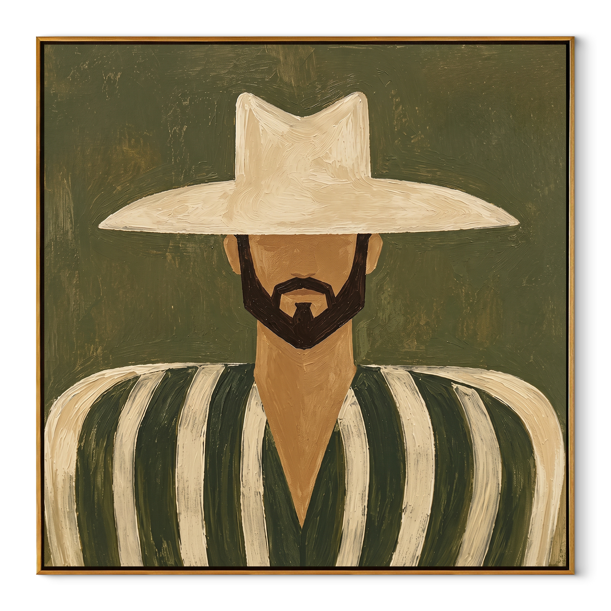 White Hat Frames Beard - bearded striped man painting by Elliot Vale, modern figurative square wall art - wood frame on white background