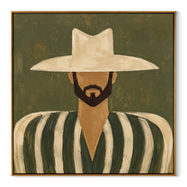 White Hat Frames Beard - bearded striped man painting by Elliot Vale, modern figurative square wall art - wood frame on white background