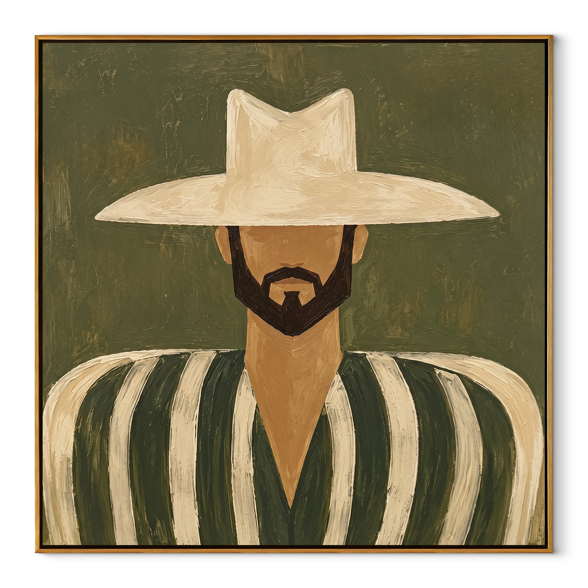 White Hat Frames Beard - bearded striped man painting by Elliot Vale, modern figurative square wall art - wood frame on white background