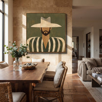 White Hat Frames Beard - bearded striped man painting by Elliot Vale, modern figurative square wall art - styled room scene view 3
