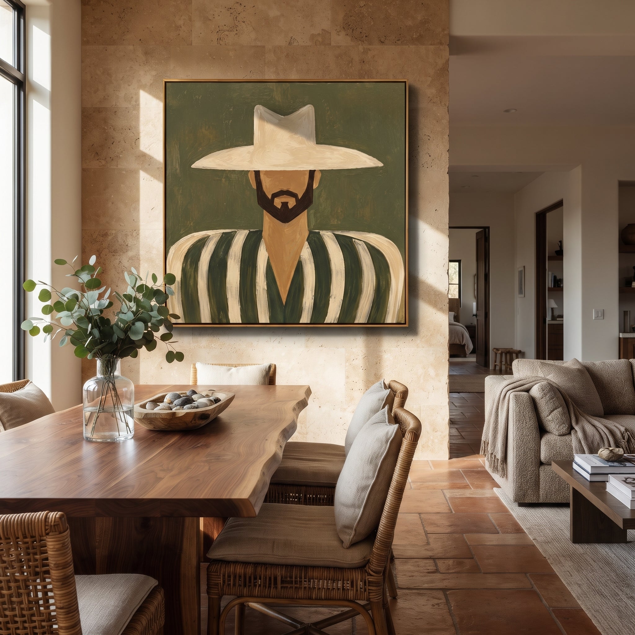 White Hat Frames Beard - bearded striped man painting by Elliot Vale, modern figurative square wall art - styled room scene view 3