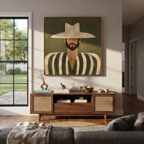 White Hat Frames Beard - bearded striped man painting by Elliot Vale, modern figurative square wall art - styled room scene view 4