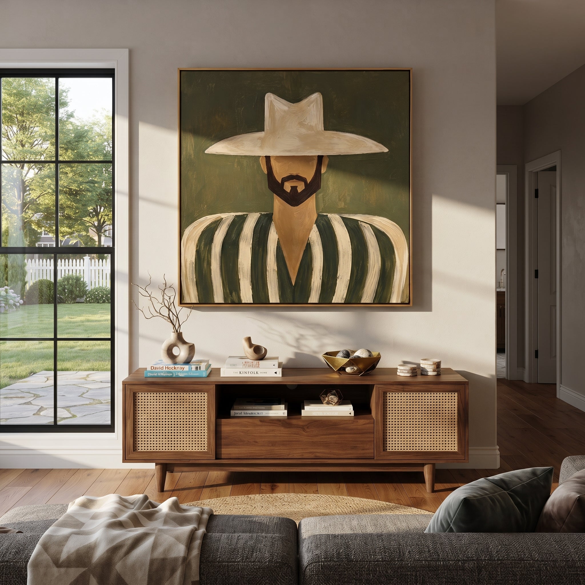 White Hat Frames Beard - bearded striped man painting by Elliot Vale, modern figurative square wall art - styled room scene view 4