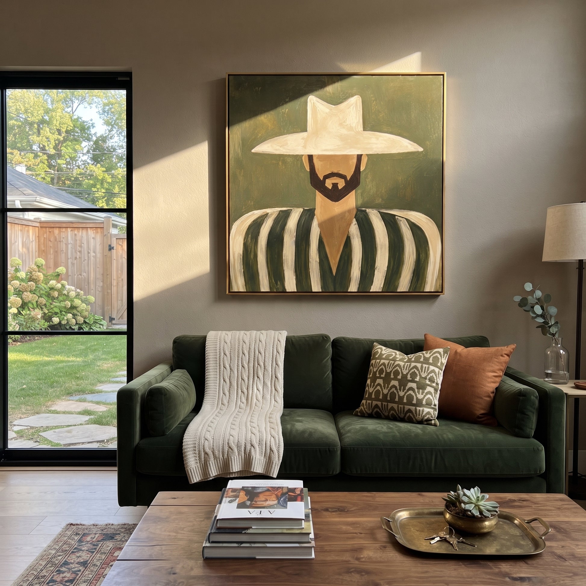 White Hat Frames Beard - bearded striped man painting by Elliot Vale, modern figurative square wall art - styled room scene view 5