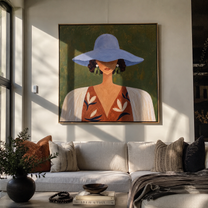 Blue Brim Shelters Flowers - floral woman portrait painting by Elliot Vale, modern figurative square wall art - styled room scene view 1