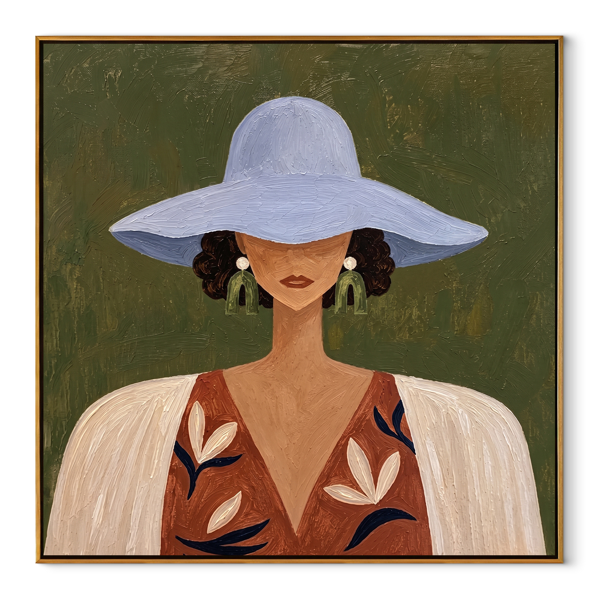 Blue Brim Shelters Flowers - floral woman portrait painting by Elliot Vale, modern figurative square wall art - wood frame on white background