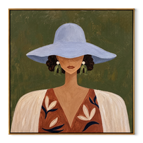 Blue Brim Shelters Flowers - floral woman portrait painting by Elliot Vale, modern figurative square wall art - wood frame on white background