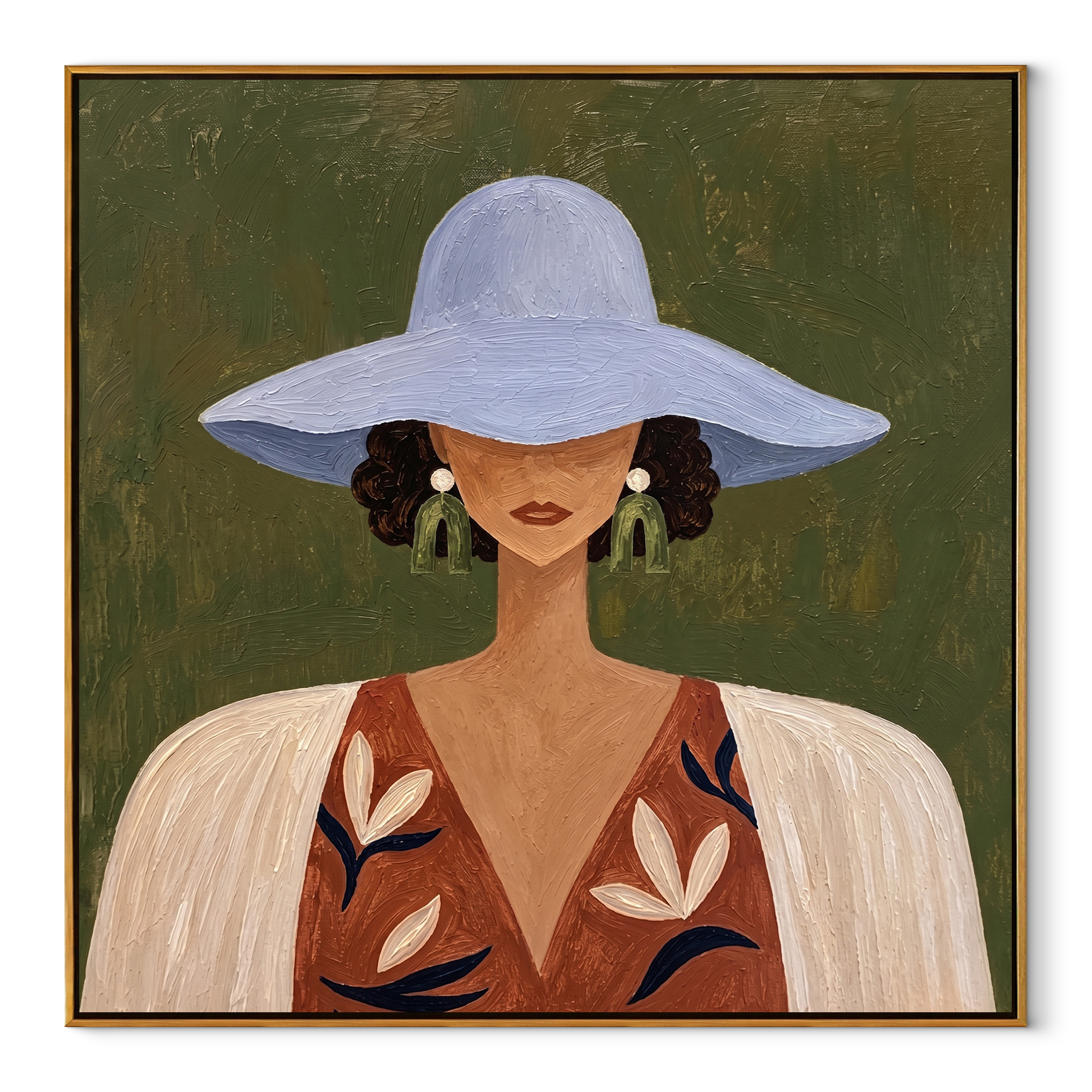 Blue Brim Shelters Flowers - floral woman portrait painting by Elliot Vale, modern figurative square wall art - wood frame on white background