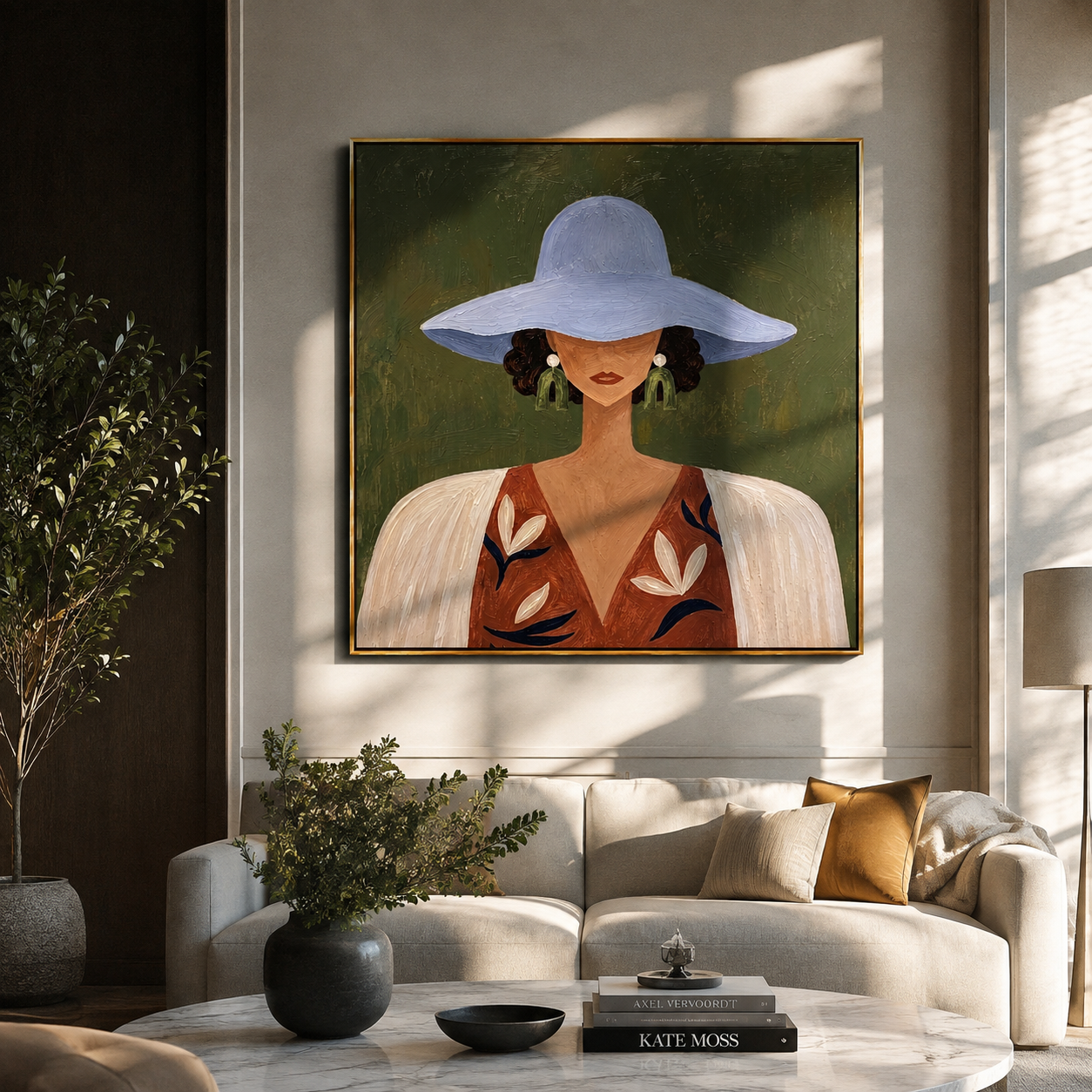 Blue Brim Shelters Flowers - floral woman portrait painting by Elliot Vale, modern figurative square wall art - styled room scene view 2