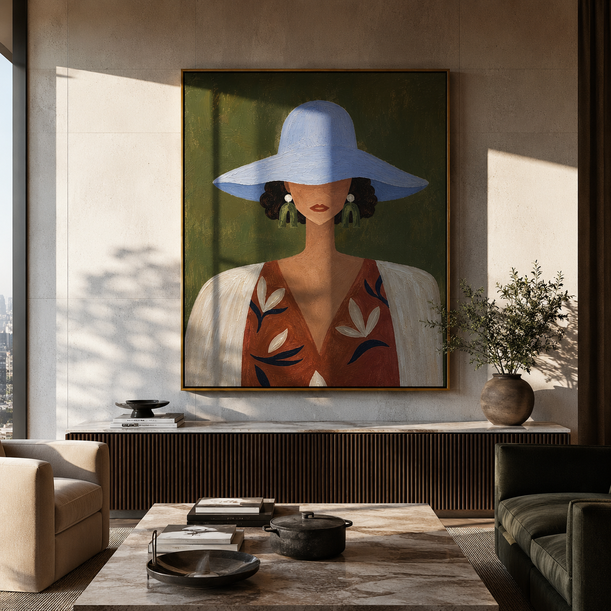 Blue Brim Shelters Flowers - floral woman portrait painting by Elliot Vale, modern figurative square wall art - styled room scene view 3