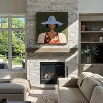 Blue Brim Shelters Flowers - floral woman portrait painting by Elliot Vale, modern figurative square wall art - styled room scene view 4