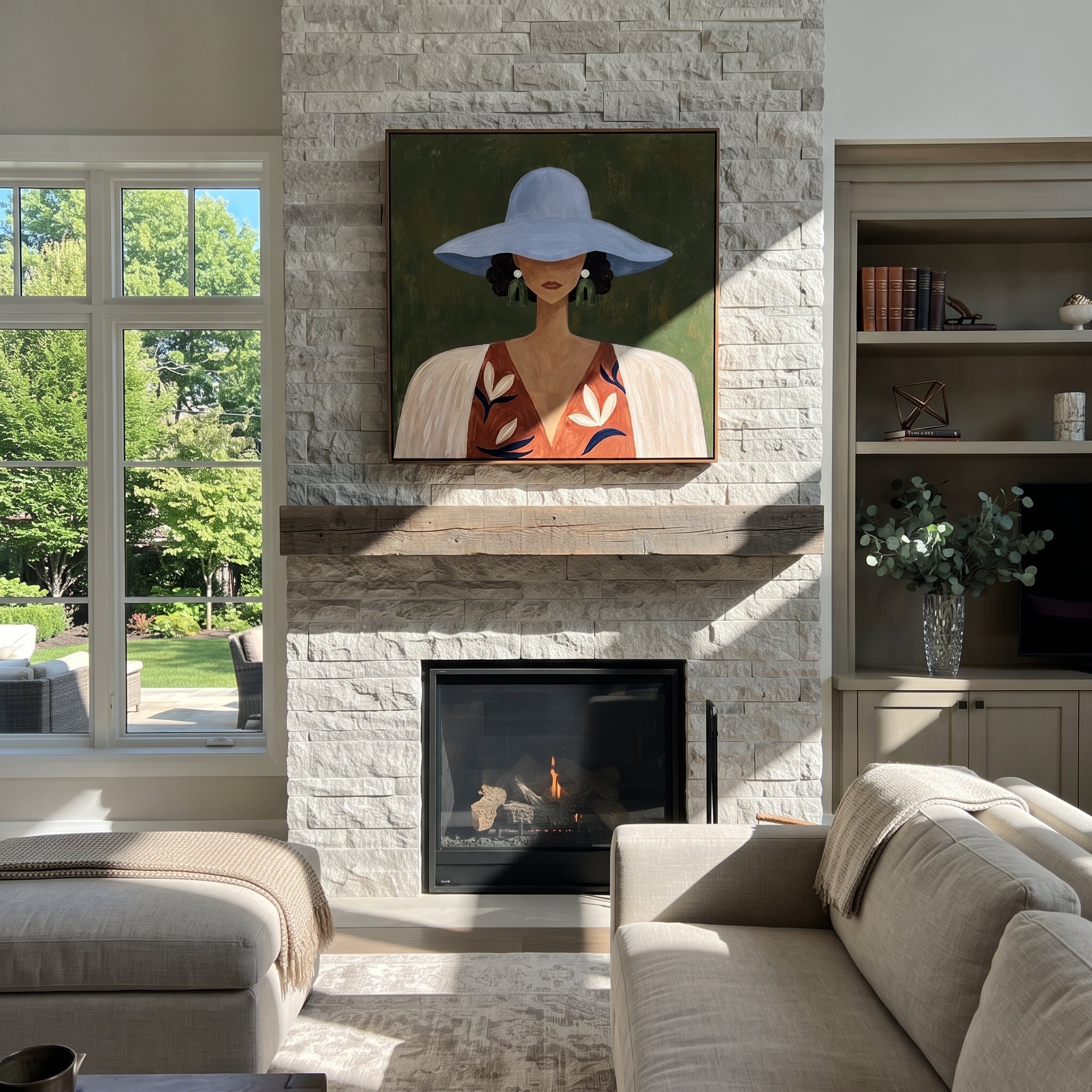 Blue Brim Shelters Flowers - floral woman portrait painting by Elliot Vale, modern figurative square wall art - styled room scene view 4
