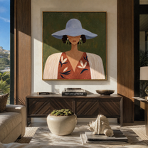 Blue Brim Shelters Flowers - floral woman portrait painting by Elliot Vale, modern figurative square wall art - styled room scene view 5