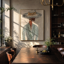 Striped Rings Shelter Green - elegant hat woman painting by Elliot Vale, modern figurative vertical wall art - styled room scene view 1