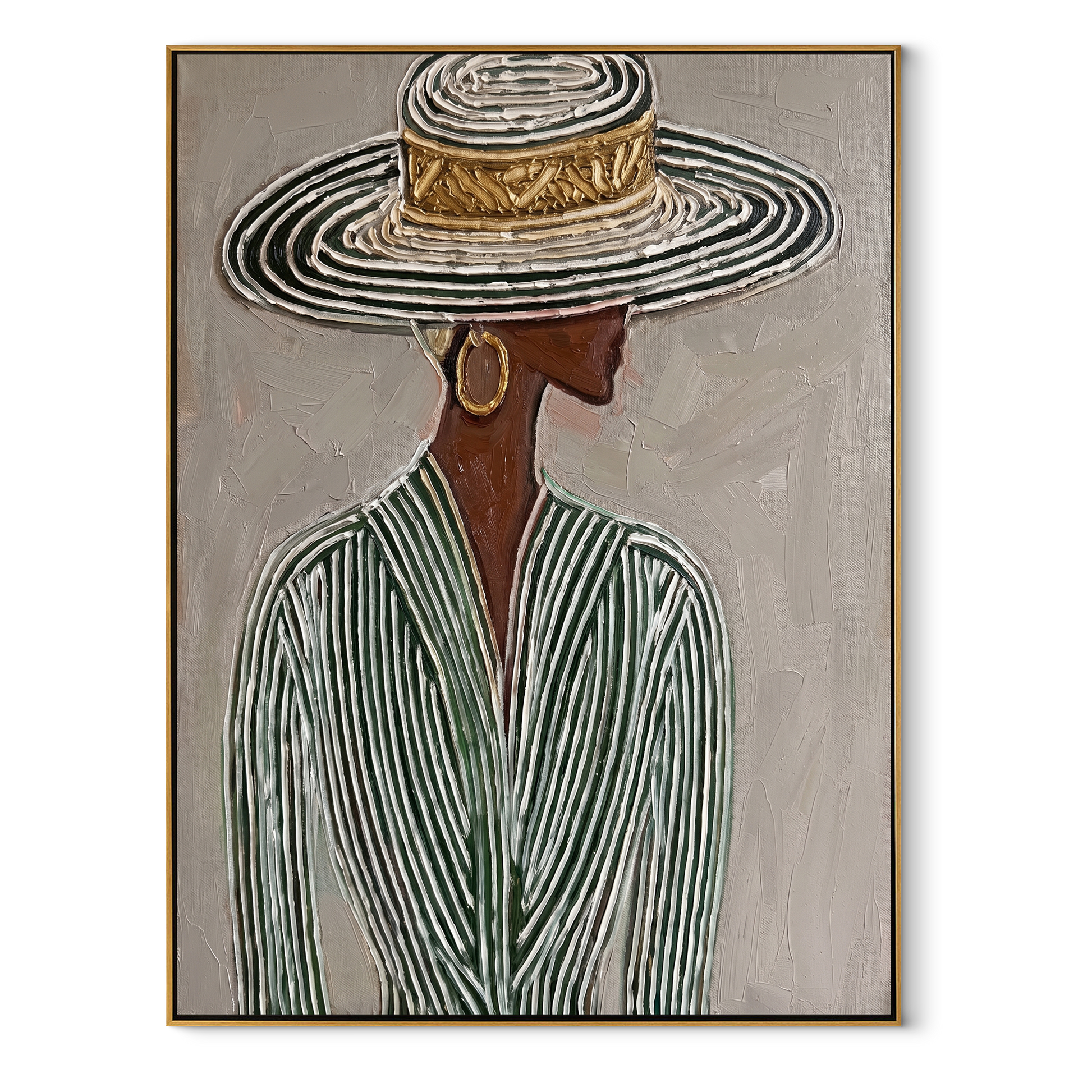 Striped Rings Shelter Green - elegant hat woman painting by Elliot Vale, modern figurative vertical wall art - wood frame on white background