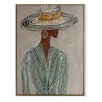 Striped Rings Shelter Green - elegant hat woman painting by Elliot Vale, modern figurative vertical wall art - wood frame on white background