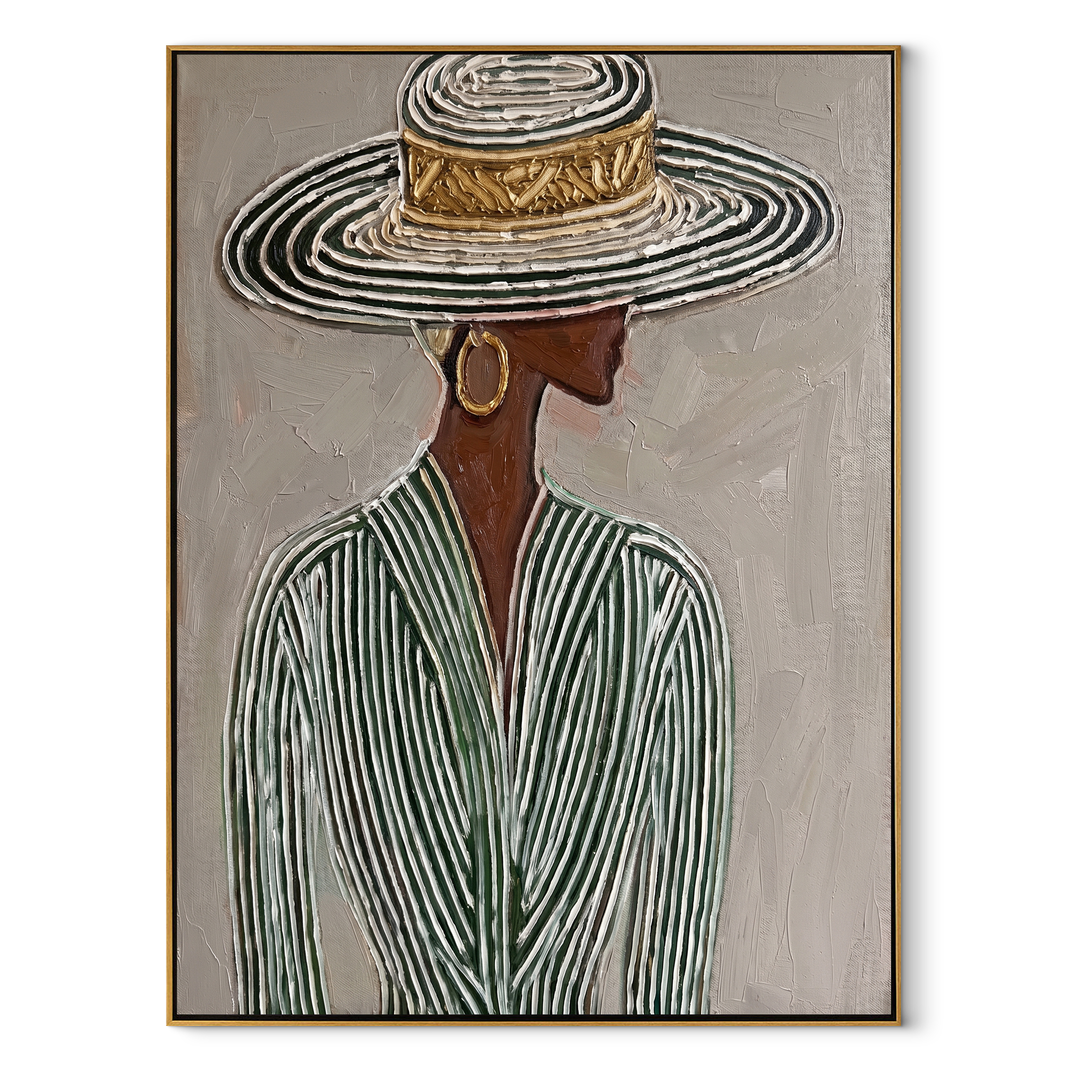 Striped Rings Shelter Green - elegant hat woman painting by Elliot Vale, modern figurative vertical wall art - wood frame on white background