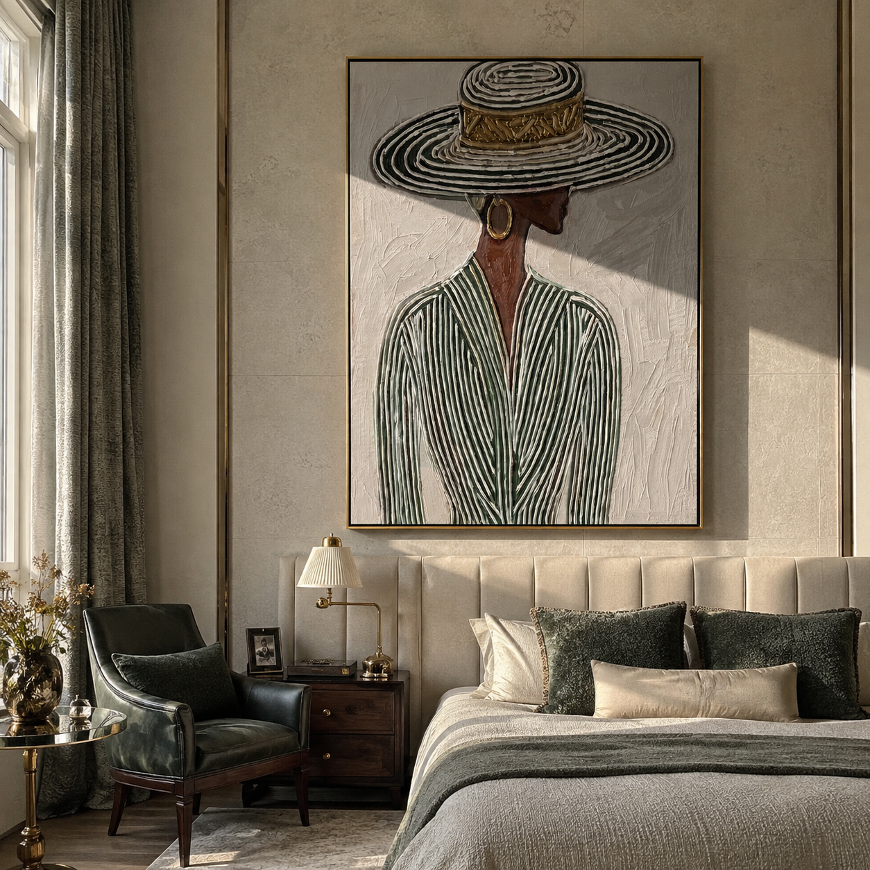 Striped Rings Shelter Green - elegant hat woman painting by Elliot Vale, modern figurative vertical wall art - styled room scene view 2