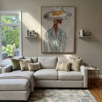 Striped Rings Shelter Green - elegant hat woman painting by Elliot Vale, modern figurative vertical wall art - styled room scene view 3