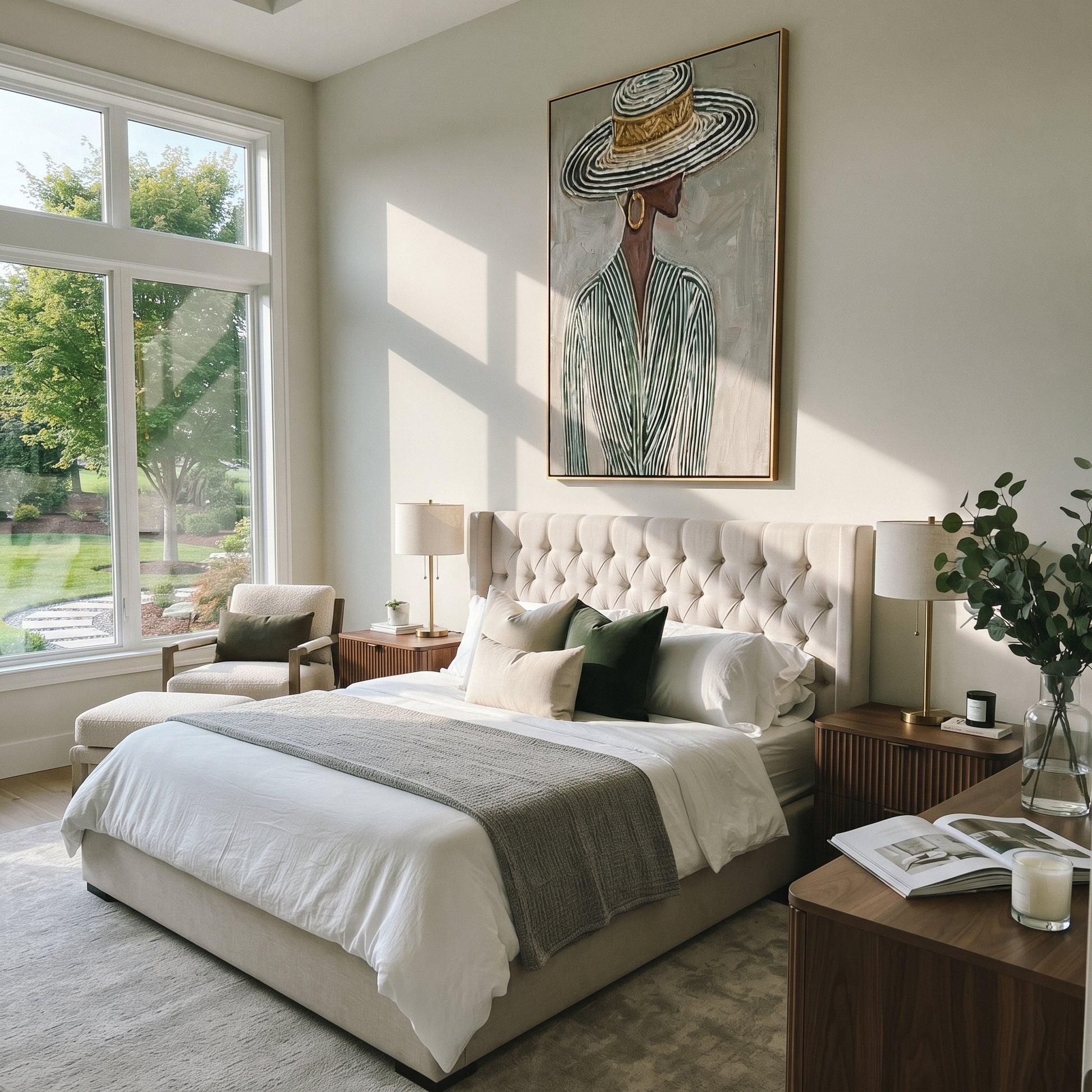 Striped Rings Shelter Green - elegant hat woman painting by Elliot Vale, modern figurative vertical wall art - styled room scene view 4
