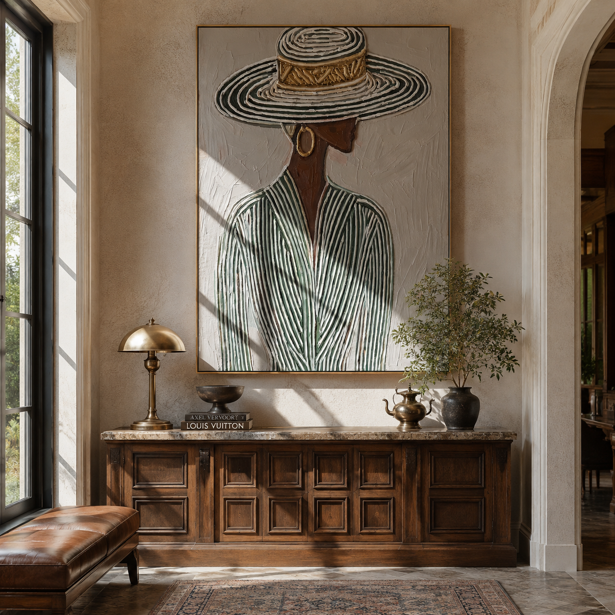 Striped Rings Shelter Green - elegant hat woman painting by Elliot Vale, modern figurative vertical wall art - styled room scene view 5