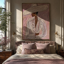 Long Brim Crosses Mauve - mauve striped woman painting by Elliot Vale, modern figurative vertical wall art - styled room scene view 1
