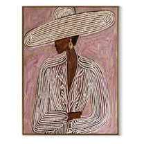 Long Brim Crosses Mauve - mauve striped woman painting by Elliot Vale, modern figurative vertical wall art - wood frame on white background