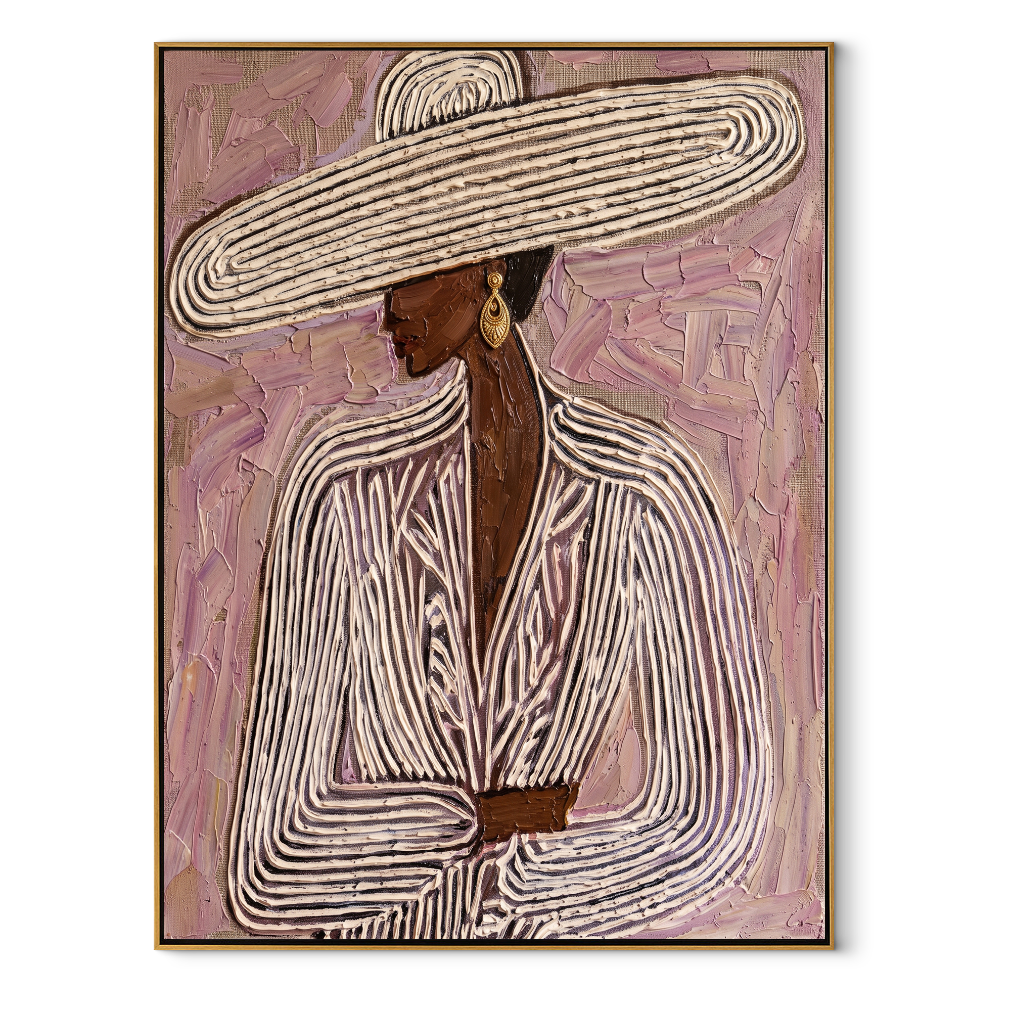 Long Brim Crosses Mauve - mauve striped woman painting by Elliot Vale, modern figurative vertical wall art - wood frame on white background