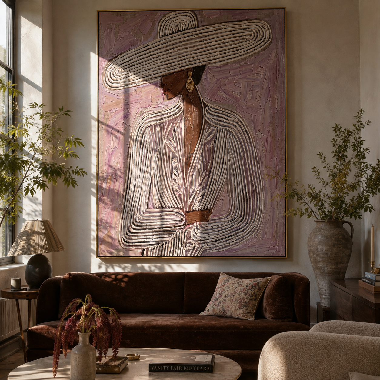 Long Brim Crosses Mauve - mauve striped woman painting by Elliot Vale, modern figurative vertical wall art - styled room scene view 2
