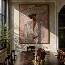 Long Brim Crosses Mauve - mauve striped woman painting by Elliot Vale, modern figurative vertical wall art - styled room scene view 3